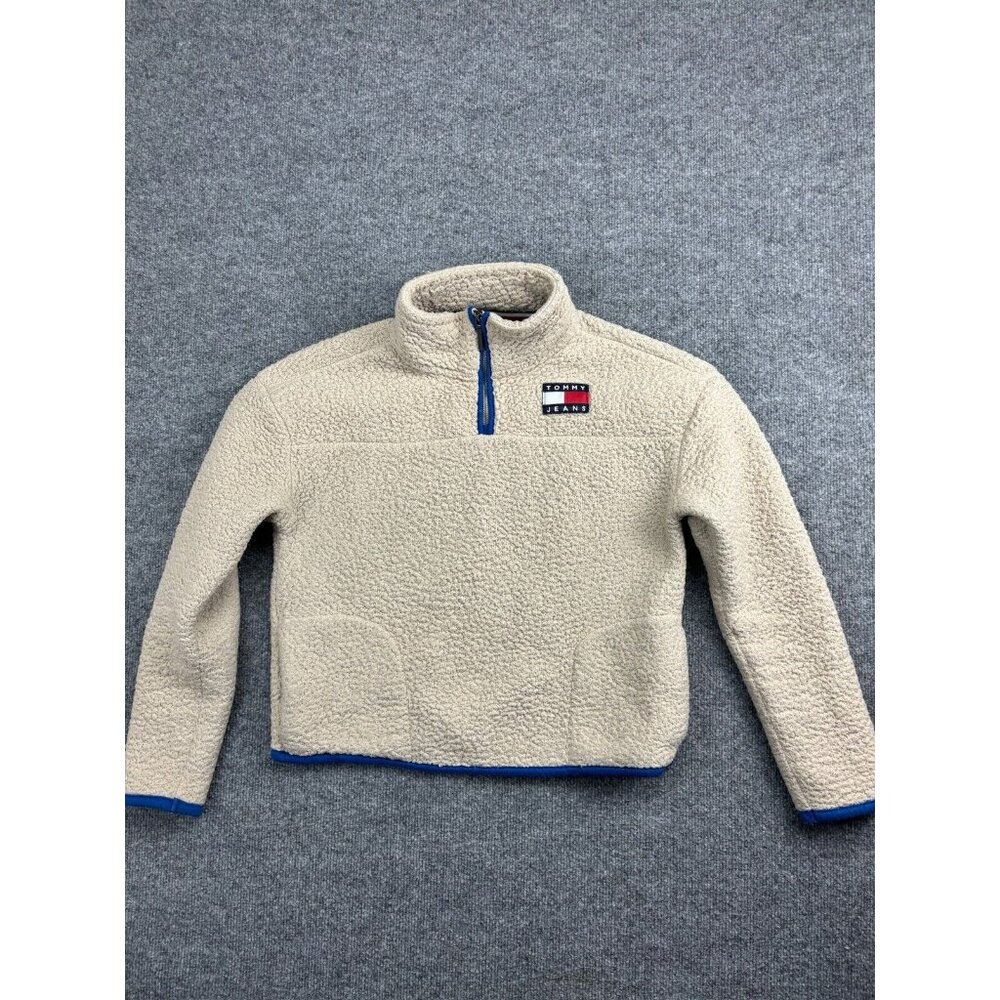 Tommy Jeans Sherpa Fleece Sweater Women's XS Beige Blue 1/4 Zip Pockets Pullover